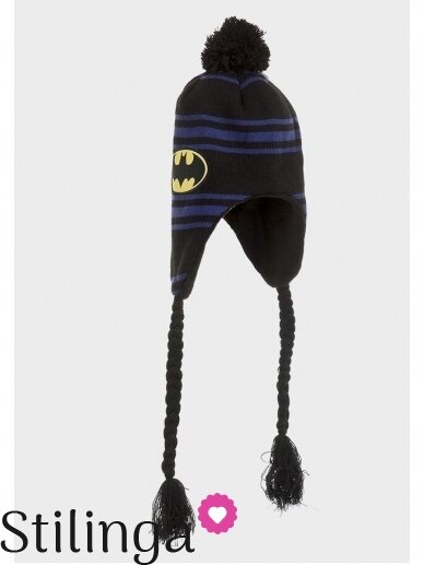 Dryžuota juoda vaikiška kepurė su pašiltinimu ir bumbulu Betmenas 0672D122