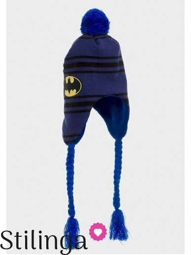 Dryžuota mėlyna vaikiška kepurė su pašiltinimu ir bumbulu Betmenas 0671D122