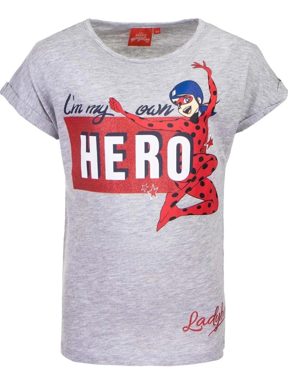 Pilki „Ladybug“ marškinėliai su „Hero“ užrašu
