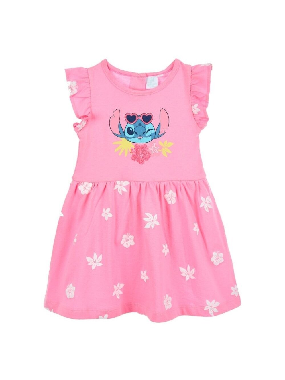 Rožinė suknelė su „Stitch“ aplikacija ir gėlių raštu