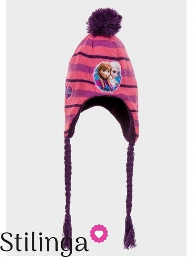 Rožinės spalvos vaikiška kepurė su pašiltinimu ir bumbulu Frozen 0666D122